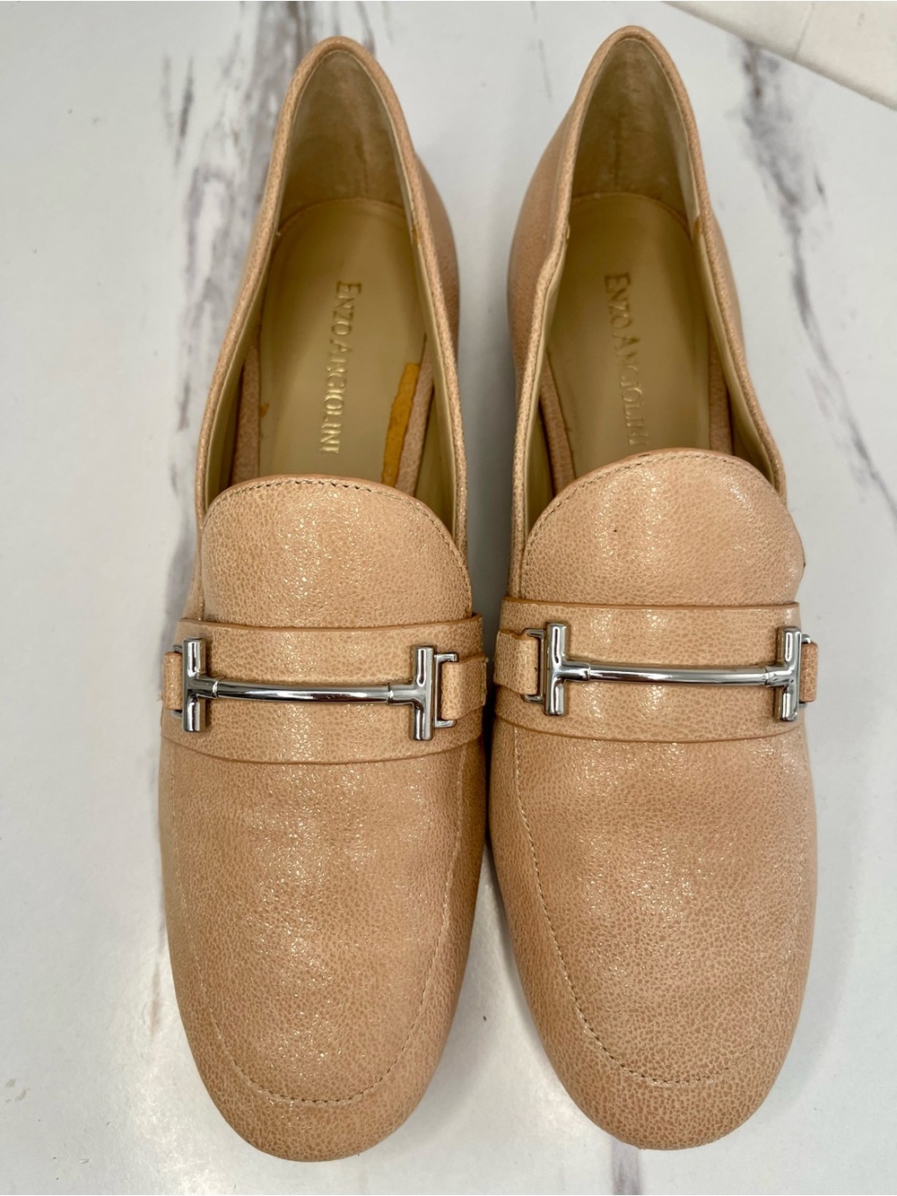 Enzo Angiolini Tan Beige Leather Loafers with Silver Hardware 7M